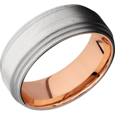 Marble Damascus Steel Men's Ring with 18K Rose Gold Sleeve Damascus Steel Men's Wedding Band