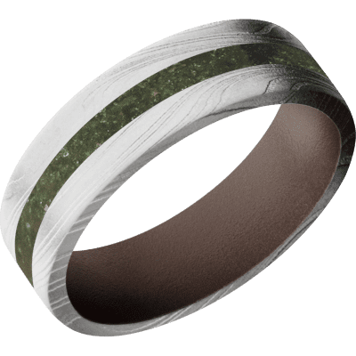 Marble Damascus Steel Men's Ring with Fuschite and Cerakote Damascus Steel Men's Wedding Band