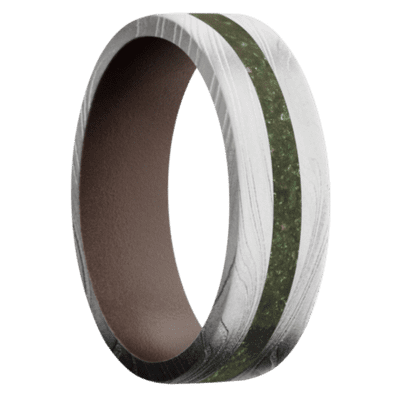 Marble Damascus Steel Men's Ring with Fuschite and Cerakote Damascus Steel Men's Wedding Band