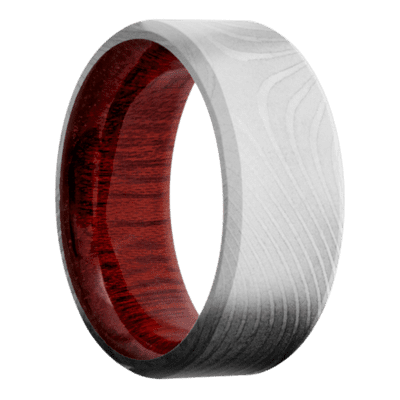 Flattwist Damascus Steel Men's Ring with Blood Wood Sleeve Damascus Steel Men's Wedding Band
