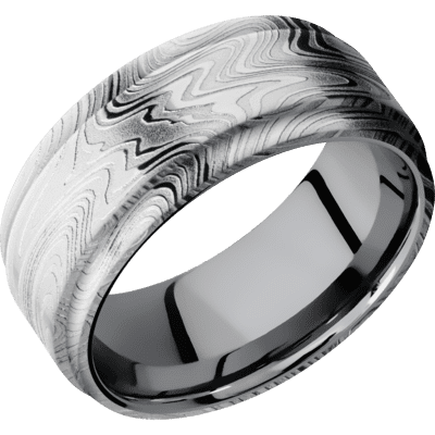 Marble Damascus Steel Men's Ring with Tantalum Sleeve Damascus Steel Men's Wedding Band