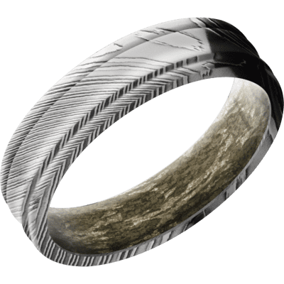Damascus Steel Men's Ring with Mossy Oak Sleeve Narrow Rings Men's Wedding Band