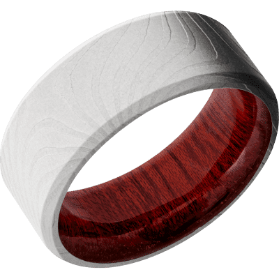 Flattwist Damascus Steel Men's Ring with Blood Wood Sleeve Damascus Steel Men's Wedding Band