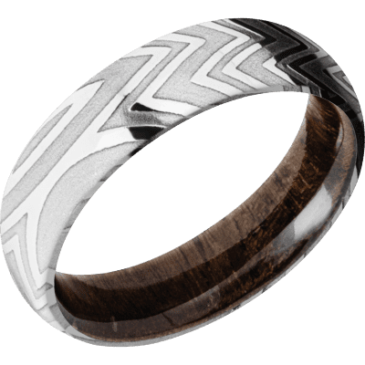 Zebra Damascus Steel Men's Ring with Walnut Wood Sleeve Damascus Steel Men's Wedding Band