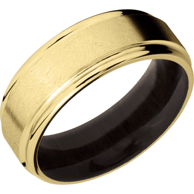14K Yellow Gold Men's Ring with Madagascar Rose Wood Sleeve 14K Gold Men's Wedding Band