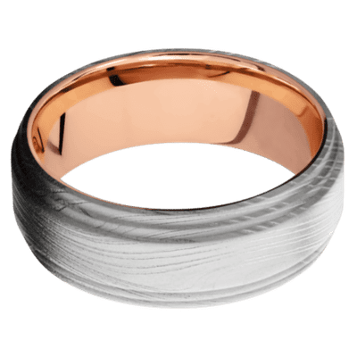 Marble Damascus Steel Men's Ring with 18K Rose Gold Sleeve Damascus Steel Men's Wedding Band