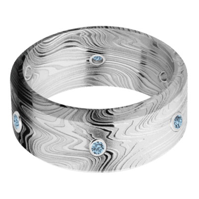 Damascus Steel Men's Ring with Denim Sapphires Damascus Steel Men's Wedding Band
