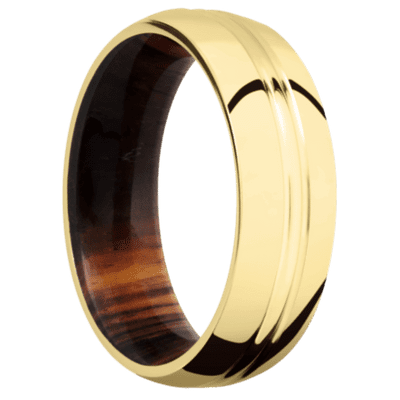 10K Yellow Gold Men's Ring with Cocobolo Sleeve Wood Men's Wedding Band