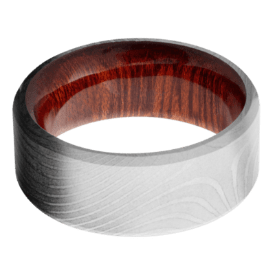 Flattwist Damascus Steel Men's Ring with Blood Wood Sleeve Damascus Steel Men's Wedding Band