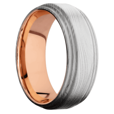 Marble Damascus Steel Men's Ring with 18K Rose Gold Sleeve Damascus Steel Men's Wedding Band