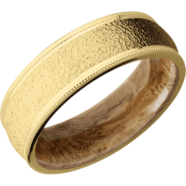 10K Yellow Gold + Stipple Finish + Whiskey Barrel All Rings Men's Wedding Band