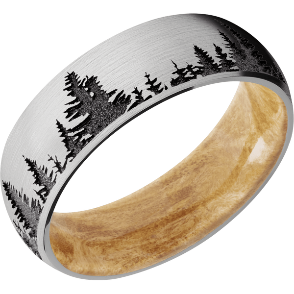 Cobalt Chrome Men's Ring with Spruce Tree Design and Boxelder Burl Tree Designs Men's Wedding Band