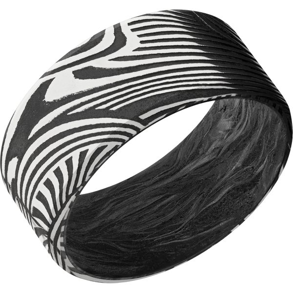 Sunset Damascus Steel Men's Ring with Carbon Fiber Carbon Fiber Men's Wedding Band