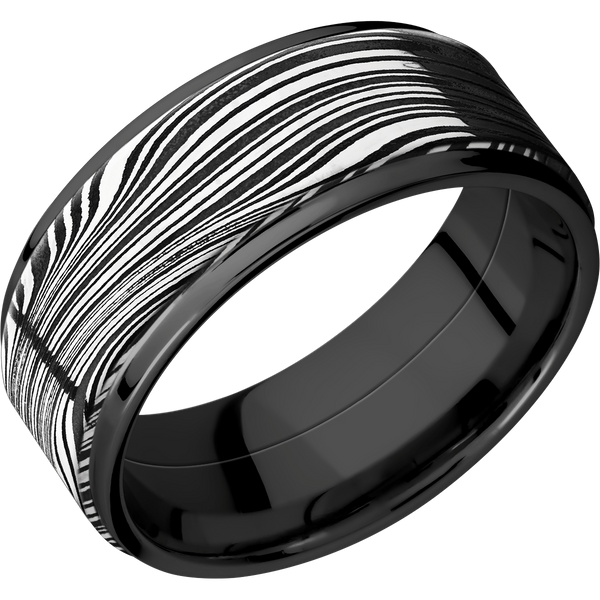 Black Zirconium Men's Ring with Damascus Steel Black Zirconium Men's Wedding Band