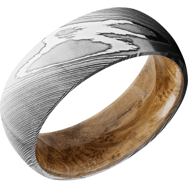Damascus Steel Men's Ring with Whiskey Barrel Wood Damascus Steel Men's Wedding Band