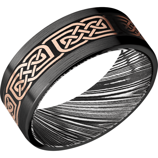 Black Zirconium Celtic Men's Ring with 14K Rose Gold and Damascus Steel 14K Gold Men's Wedding Band