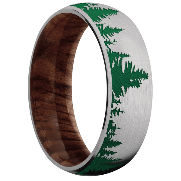 Titanium Men's Ring with Spruce Tree Design and Sequoia Wood Sleeve Tree Designs Men's Wedding Band