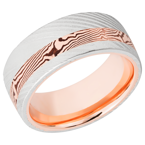 Damascus Steel Men's Ring with Mokume and 14K Rose Gold Damascus Steel Men's Wedding Band