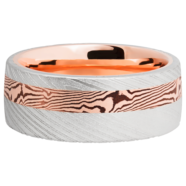 Damascus Steel Men's Ring with Mokume and 14K Rose Gold Damascus Steel Men's Wedding Band