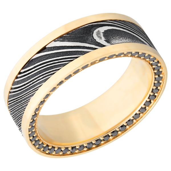 18K Gold Men's Ring with Black Diamond and Damascus Steel Damascus Steel Men's Wedding Band