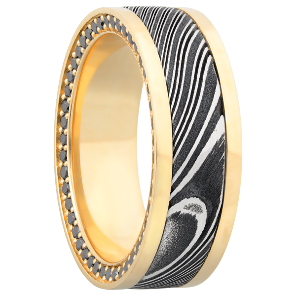 18K Gold Men's Ring with Black Diamond and Damascus Steel Damascus Steel Men's Wedding Band