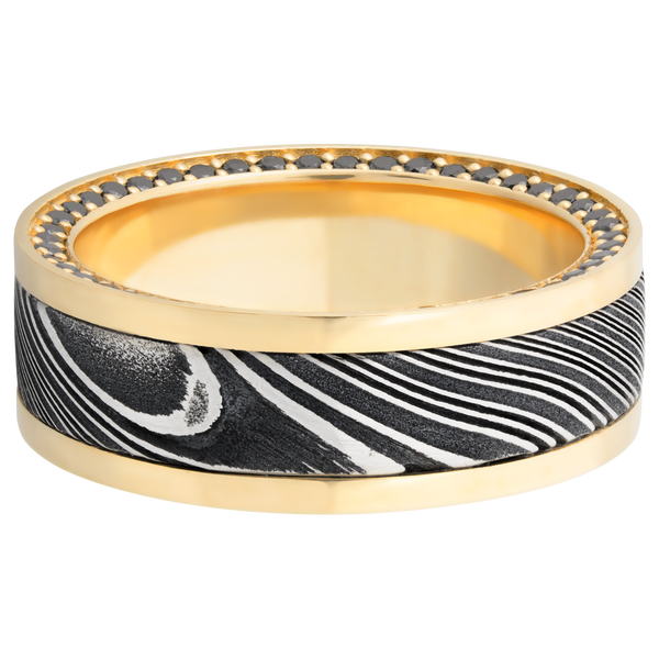 18K Gold Men's Ring with Black Diamond and Damascus Steel Damascus Steel Men's Wedding Band