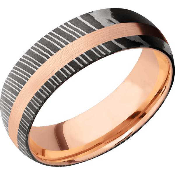 Damascus Steel Men's Ring with 14K Rose Gold Damascus Steel Men's Wedding Band