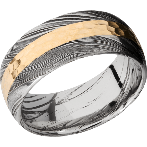 Damascus Steel Men's Ring with 14K Yellow Gold Damascus Steel Men's Wedding Band