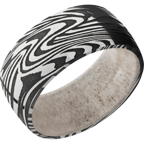 Sunset Damascus Steel Men's Ring with Antler Damascus Steel Men's Wedding Band