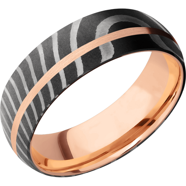 Tiger Damascus Steel Men's Ring with 14K Rose Gold Damascus Steel Men's Wedding Band