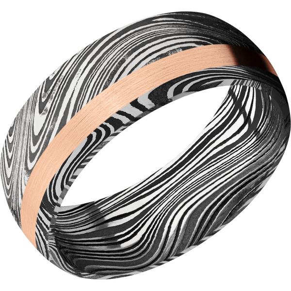 Marble Damascus Steel Men's Ring with 14K Rose Gold Damascus Steel Men's Wedding Band