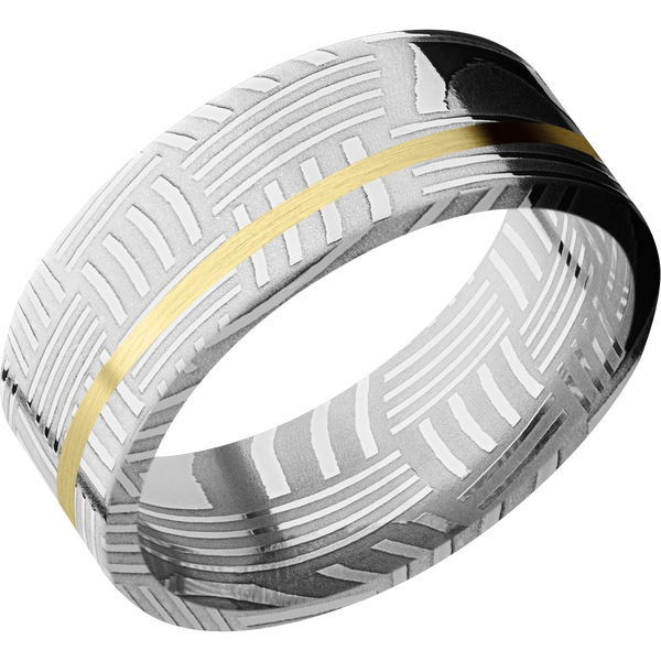 Basketweave Damascus Steel Men's Ring with 14K Yellow Gold Damascus Steel Men's Wedding Band
