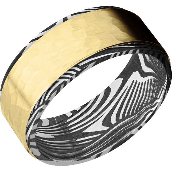 Sunset Damascus Steel Men's Ring with 14K Yellow Gold 14K Gold Men's Wedding Band