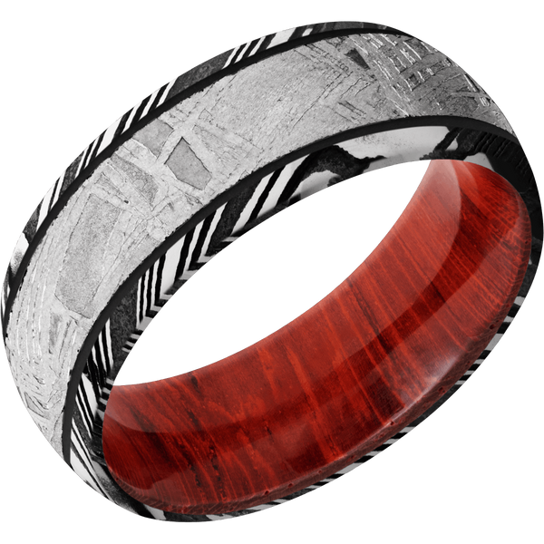 Damascus Steel Men's Ring with Meteorite and Padauk Wood Damascus Steel Men's Wedding Band