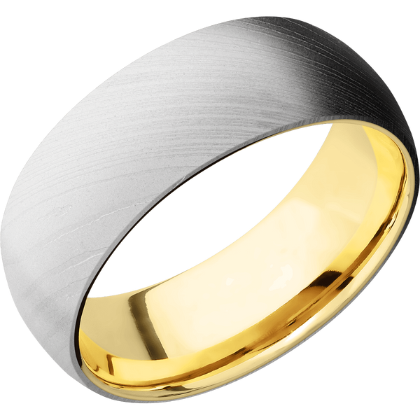 Damascus Steel Men's Ring with 14K Yellow Gold Damascus Steel Men's Wedding Band