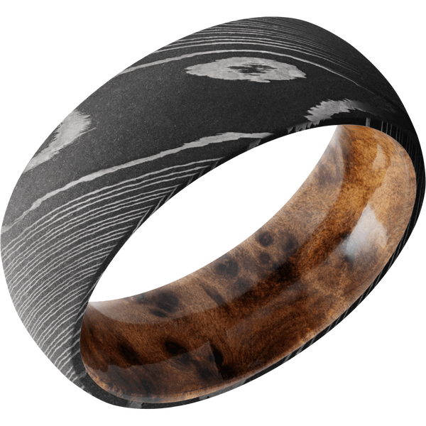 Damascus Steel Men's Ring with Thuya Burl Sleeve Damascus Steel Men's Wedding Band