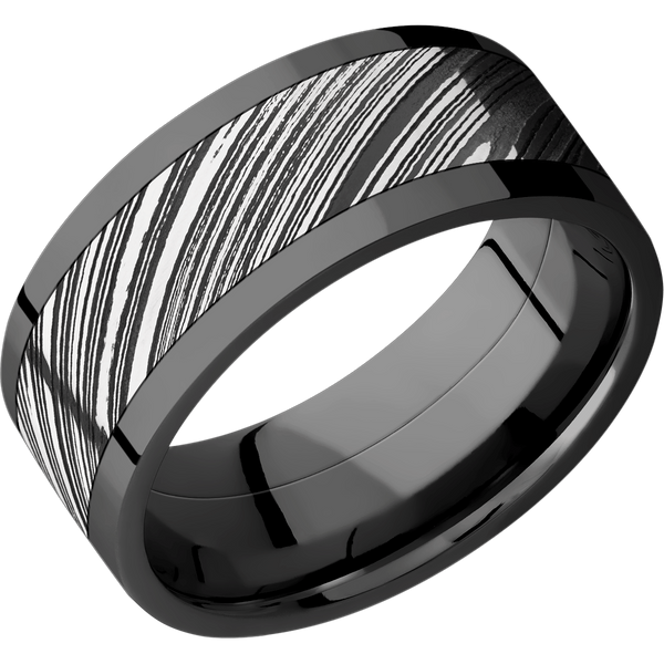 Black Zirconium Men's Ring with Damascus Steel Black Zirconium Men's Wedding Band
