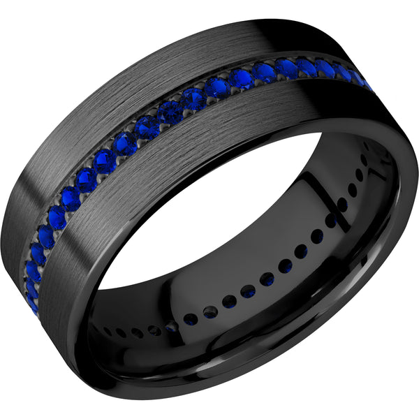 Black Zirconium Men's Ring with Sapphire Thin Blue Line Rings Men's Wedding Band