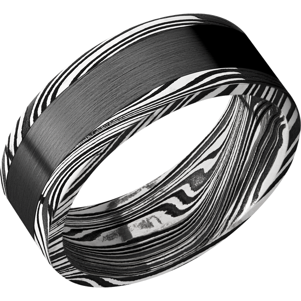 Marble Damascus Steel Men's Ring with Black Zirconium Damascus Steel Men's Wedding Band