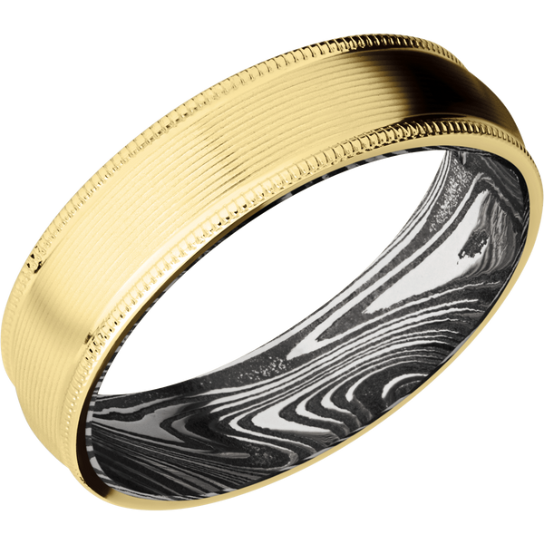 14K Yellow Gold Men's Ring with Damascus Steel Sleeve Narrow Rings Men's Wedding Band
