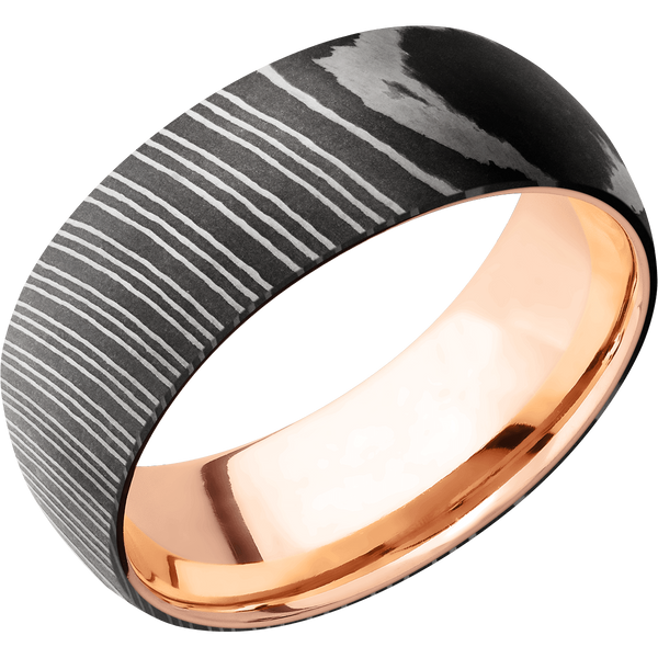 Damascus Steel Men's Ring with 14K Rose Gold Damascus Steel Men's Wedding Band