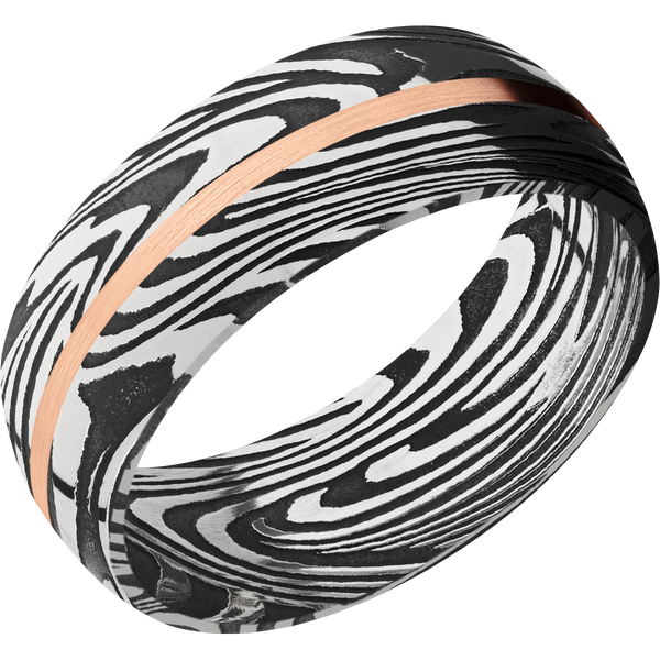 Sunset Damascus Steel Men's Ring with 14K Rose Gold Damascus Steel Men's Wedding Band