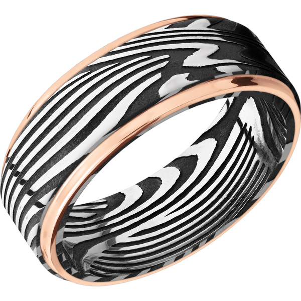Sunset Damascus Steel Men's Ring with 14K Rose Gold Damascus Steel Men's Wedding Band