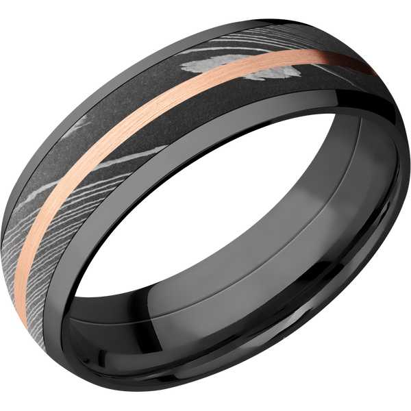 Black Zirconium Men's Ring with Damascus Steel and 14K Rose Gold Damascus Steel Men's Wedding Band