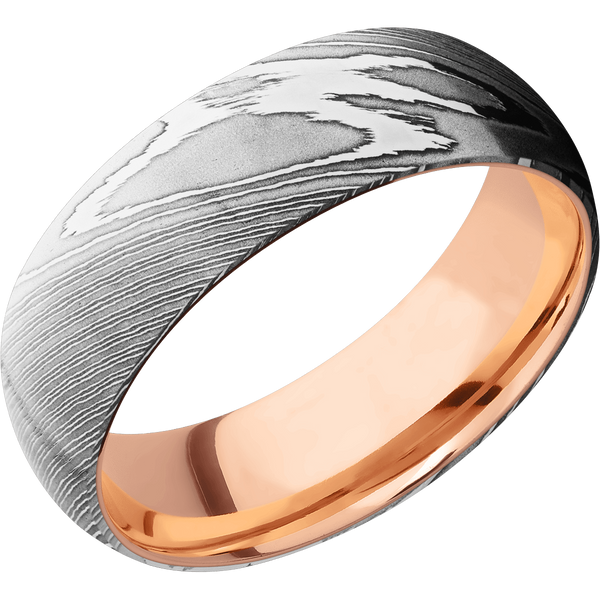 Damascus Steel Men's Ring with 14K Rose Gold Damascus Steel Men's Wedding Band