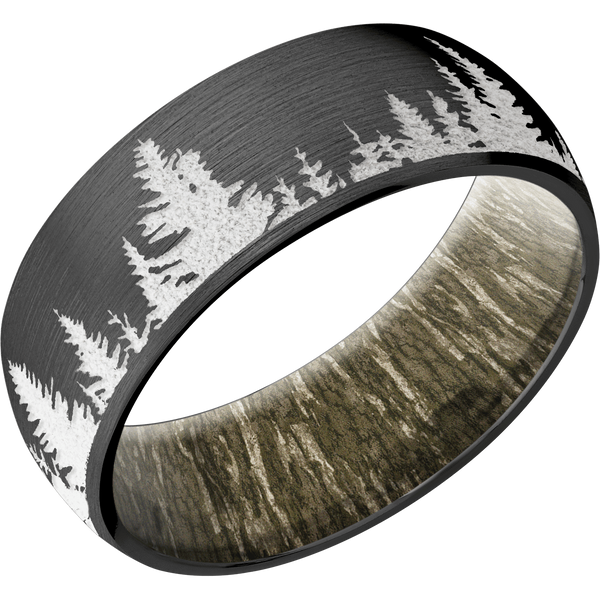 Black Zirconium Men's Ring with Spruce Tree Design and Mossy Oak Camo Black Zirconium Men's Wedding Band
