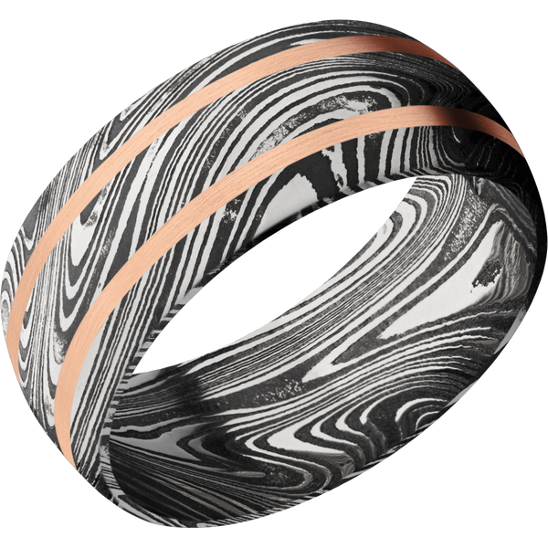 Marble Damascus Steel Men's Ring with 14K Rose Gold Damascus Steel Men's Wedding Band
