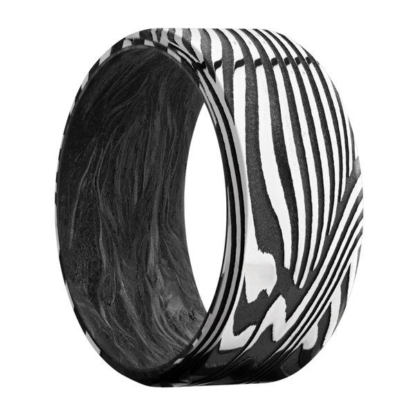 Sunset Damascus Steel Men's Ring with Carbon Fiber Carbon Fiber Men's Wedding Band