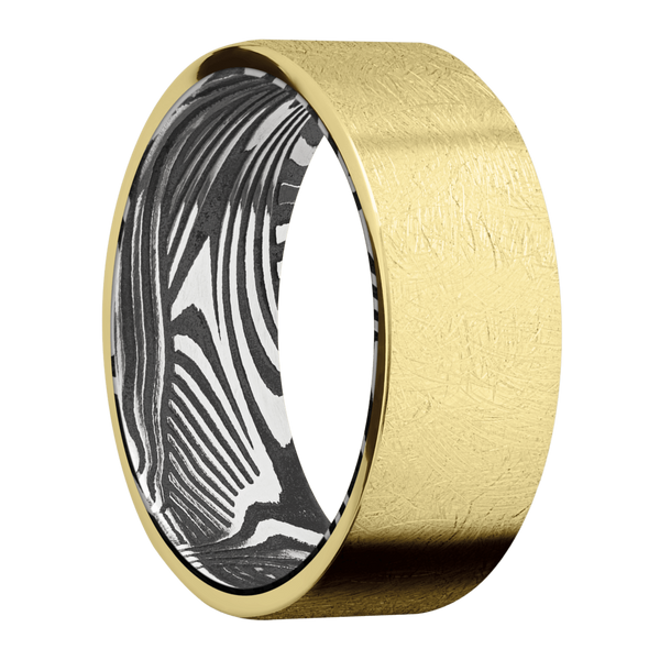 14K Yellow Gold Men's Ring with Damascus Steel Damascus Steel Men's Wedding Band