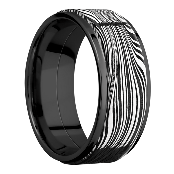 Black Zirconium Men's Ring with Damascus Steel Black Zirconium Men's Wedding Band